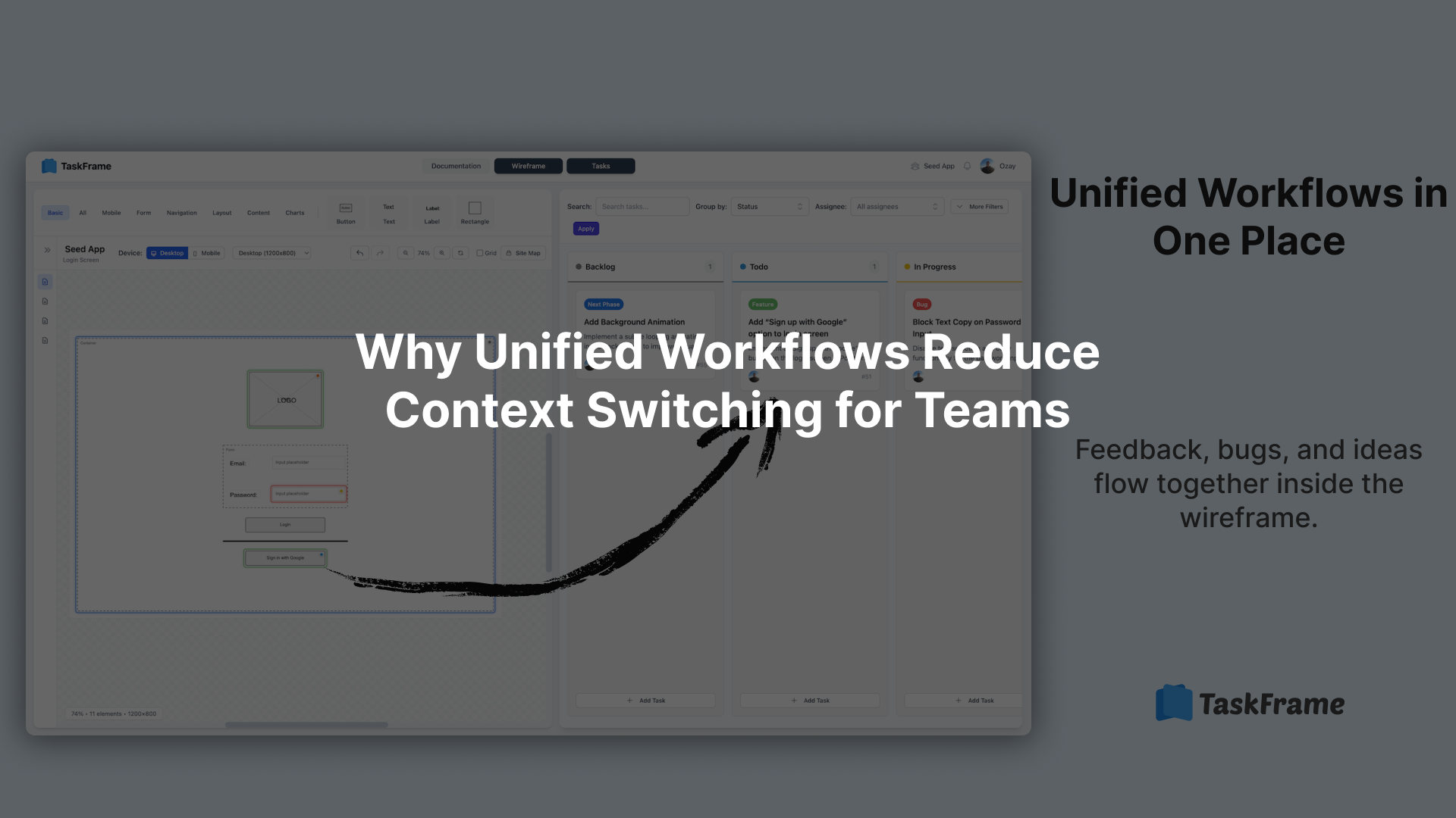 Unified workflows let teams track progress visually on wireframes and structurally on kanban boards, all in one place. No more context switching between tools.