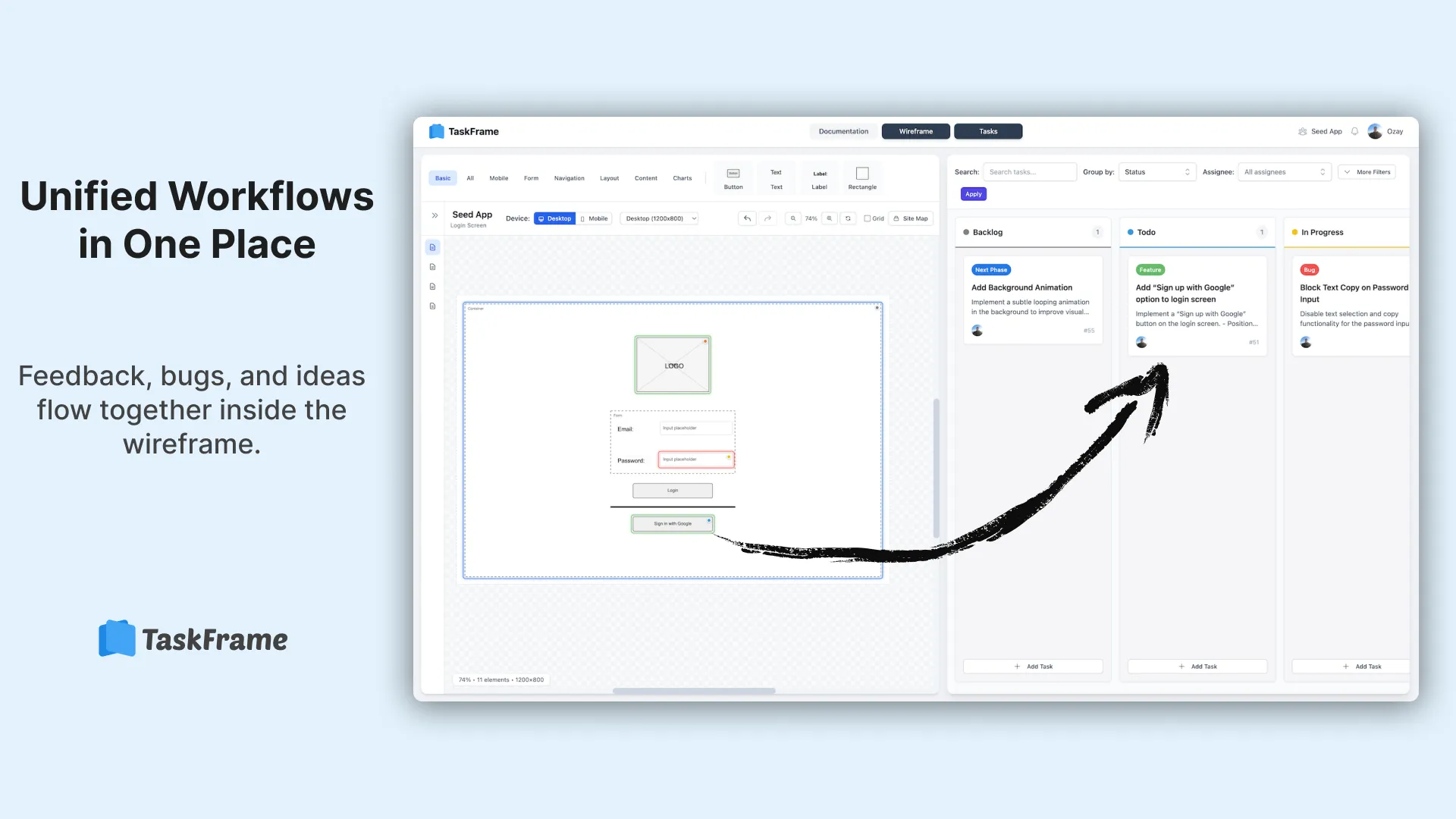 Clean feature image: Wireframe and kanban panels in sync